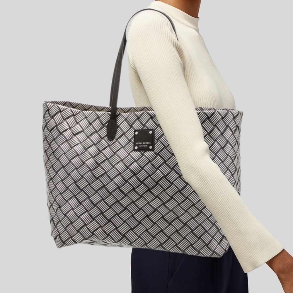 Henri Bendel Centennial Stripe Woven Market Tote, Brown & White Shopping Bag